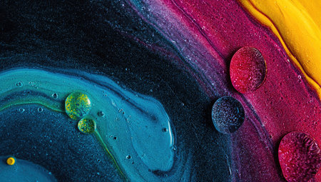 This image showcases abstract fluid art featuring an array of vivid colors blending seamlessly. The composition reveals a mix of textures and forms, with detailed swirls and splashes. The lighting suggests a studio environment. Suitable for artistic projects and commercial applications.の素材