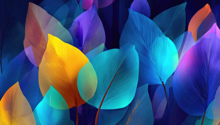This image showcases an artistic illustration of colorful leaves. The composition features overlapping leaves in various hues, including blue, purple, and yellow. The style is abstract, with a focus on color and form. The design could be used for decorative purposes, marketing, or to enhance editorial content.の素材