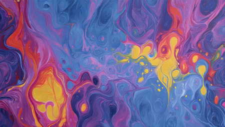 This image presents an abstract composition featuring dynamic fluid art. Vivid colors like blue, purple, yellow, and orange blend together. The swirling patterns create a textured effect, reminiscent of natural elements. Suitable for design projects, it can be used for various commercial or editorial purposes, as a background.の素材