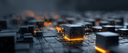 The image presents a close-up of a futuristic design featuring numerous cube shapes with glowing edges. The composition is set against a dark background with circuit patterns. The style suggests technological advancement and is illuminated with orange and yellow lights. Suitable for various commercial and illustrative purposes.の素材