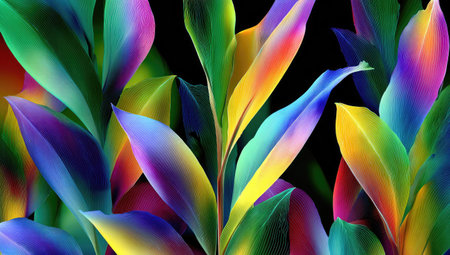 This image showcases an abstract illustration of colorful leaves against a dark backdrop. The artwork features a palette of vivid hues, including green, yellow, blue, and purple, creating a dynamic visual effect. The composition suggests a sense of growth. Suitable for various design projects and digital art applications.の素材