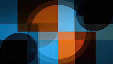 An abstract composition features overlapping geometric shapes, primarily circles and squares, presented in a vibrant color palette. The artwork showcases layers of transparent forms and vivid color combinations, with a focus on symmetry and balance. This image could be suitable for various design projects and commercial applications.の素材