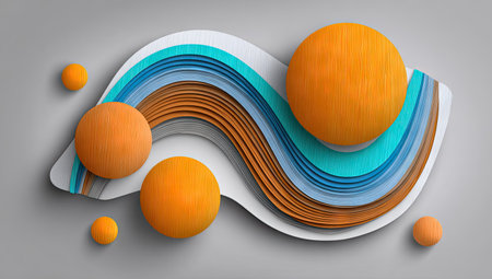An artistic composition features vibrant orange spheres scattered around a flowing, layered design. The artwork uses a bright color palette with shades of blue, orange, and white. Its smooth textures and dynamic arrangement create a visually appealing design suitable for various creative projects, including digital content and marketing materials.の素材