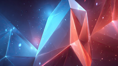 This image presents an abstract composition with triangular and polygonal forms. The artwork showcases a gradient of colors, primarily blues, reds, and oranges, creating a visual interplay. Its style is modern with glowing elements, suggesting a digital or technological context. Suitable for various creative and illustrative applications.の素材