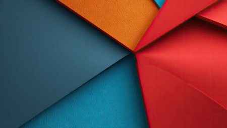 This image features an abstract composition of overlapping geometric shapes. Vibrant colors including red, orange, blue and teal dominate the visual field. The shapes intersect, creating a dynamic interplay of lines and angles. This image could be used for various commercial projects and design applications.の素材