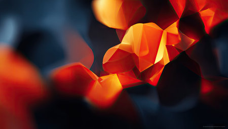 Dynamic composition presents overlapping geometric shapes in shades of orange and yellow, contrasted by a deep blue backdrop. The image utilizes soft focus and artistic lighting to emphasize texture. The visual style may be appropriate for various artistic, decorative, or design purposes.の素材