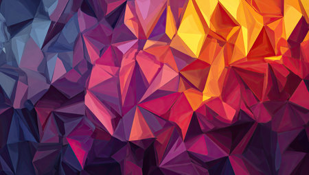 This image presents an abstract composition with a geometric design, featuring numerous polygonal shapes. The color palette transitions through shades of blue, purple, red, orange, and yellow. The style showcases low-poly elements, offering textures. The background suggests versatile applications for both commercial and editorial contexts.の素材