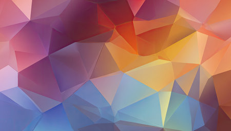 This abstract artwork showcases a composition of overlapping geometric shapes, creating a polygonal design. The color palette incorporates a variety of hues, including red, orange, blue, and purple. The style of the artwork is modern and stylized. This image can be used for various commercial or editorial applications.の素材