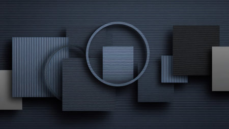 This abstract composition features various geometric shapes, including squares and a circle, arranged in a visually engaging manner. The grayscale color palette, combined with subtle shadows and depth, creates a sense of three-dimensionality. This image could be used for a variety of commercial and editorial purposes.の素材