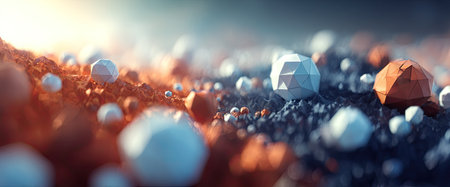 An artistic composition features numerous geometric spheres in various colors and sizes. The scene displays a low-poly aesthetic with a soft, diffused lighting. The image's color palette combines warm and cool tones, enhancing its visual appeal. It could be used for backgrounds, illustrations, or design elements in digital media.の素材