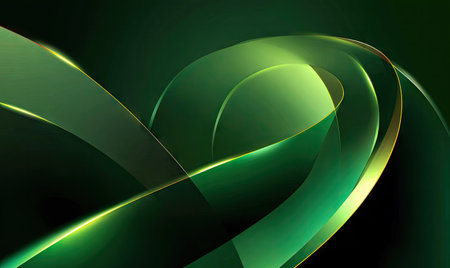 An abstract graphic features flowing, layered lines in shades of green with golden highlights. The composition showcases smooth curves and gradients, enhanced by light effects, creating a dynamic and modern aesthetic. Suitable for various design projects, it can be used for website backgrounds, marketing materials, and other creative endeavors.の素材