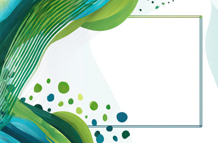 This image presents an abstract composition featuring fluid green and blue shapes, complemented by a rectangular frame. The design utilizes a mix of textures and gradients. Suitable for digital backgrounds, design elements, or for use in various commercial and editorial projects.の素材