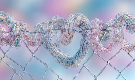 An abstract artwork features a heart shape constructed from wire, resting on a chainlink fence. The image displays soft pastel hues, blending pinks, blues, and purples in the background. The lighting appears soft, creating a gentle gradient. Suitable for various creative projects and design applications.の素材