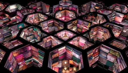 An artistic honeycomb pattern fills the frame, showcasing an intricate network of interconnected cells. The composition features various colors and textures, with a play of light and shadow, creating a dynamic visual experience. The abstract design lends itself to a variety of commercial and editorial applications.の素材