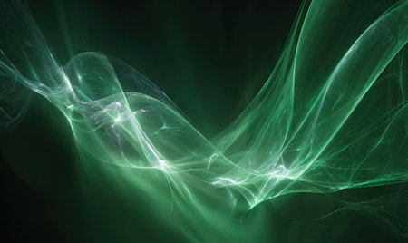 An artistic image presents flowing green smoke-like patterns against a dark backdrop. The composition features dynamic, swirling shapes with a glowing, translucent quality. The scene utilizes a gradient of green hues, creating depth and a sense of movement, suitable for various digital design applications and artistic projects.の素材