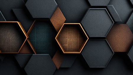 An abstract composition features a layered arrangement of hexagonal shapes in various shades of black, bronze, and gold. The shapes create a three-dimensional effect, with different textures and depths. The lighting highlights the geometric patterns and metallic accents. Suitable for use in design, marketing, and advertising projects.の素材