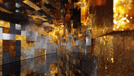 An artistic interior design showcases golden and dark geometric shapes, creating a visually compelling environment. The composition features various textures and a dynamic perspective, enhanced by warm lighting. This versatile image is suitable for applications such as background elements, design projects, and visual content.の素材
