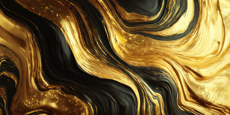 This image presents a flowing abstract design composed of golden and black hues. The swirling patterns create a dynamic visual texture with light reflections. This artwork could be used in various commercial applications such as backgrounds, website design, or print media to create a luxurious feel.の素材