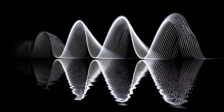A striking black and white composition presents a wave-like structure reflected in still water. The image features a series of white lines creating the form against a black background. Suitable for use in design projects, presentations, or various commercial applications requiring a modern aesthetic.の素材