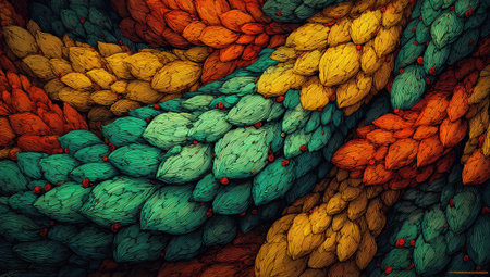 This abstract illustration displays a complex arrangement of overlapping shapes, offering a vibrant display of colors. The composition features diverse hues and textures. Suitable for various applications, this design can be used for artistic, decorative or commercial purposes. The overall design is intricate and engaging.の素材