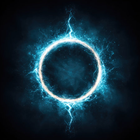 An abstract digital artwork presents a luminous energy circle with electric sparks, set against a dark backdrop. The composition features a vibrant blue and white color scheme. The textures and lighting create a futuristic feel. This image is suitable for various commercial or artistic purposes.の素材