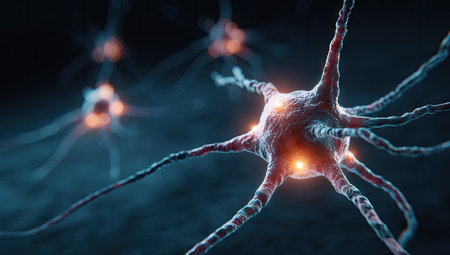 This image features a detailed illustration of a neuron cell, highlighted with bright, internal light. The composition emphasizes the cell's intricate, branching structure against a dark, contrasting backdrop. The artwork's style is reminiscent of scientific visualizations, suitable for educational, research, and conceptual projects.の素材