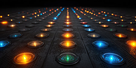 This image features a detailed perspective of numerous illuminated circles arranged in an orderly pattern. Each circle emits a soft, vibrant light in various hues. The overall composition displays a futuristic, technology-focused visual with a dark setting and potential applications for design and conceptual projects.の素材