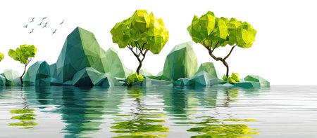 This image presents an abstract landscape featuring stylized trees, rocks, and water. The scene employs a low-poly style with vibrant green and blue hues, creating a visually appealing composition. The reflective water enhances the depth and adds a sense of tranquility. It is suitable for diverse commercial and editorial applications.の素材