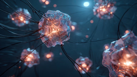 This image depicts multiple translucent cells illuminated with a warm internal glow. Fine black tendrils connect the cells, suggesting a complex network. The composition is set against a dark blue background with scattered spherical lights, creating a science-fiction environment. Suitable for conceptual illustrations or scientific projects.の素材