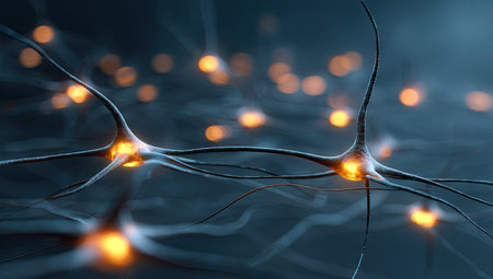 An artistic rendering depicts interconnected neuron structures, illuminated with a vibrant, glowing effect against a dark backdrop. The composition showcases complex network patterns with blurred elements, suggestive of intricate biological processes. This design is suitable for illustrating scientific concepts, educational materials, and conceptual applications.の素材