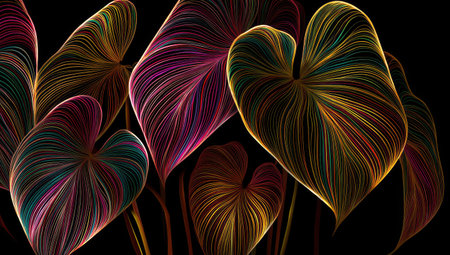 This image presents an artistic illustration featuring large, heart-shaped leaves rendered with glowing, colorful lines. The composition showcases a dark background, highlighting the bright, warm colors of the leaves. This visually striking artwork is suitable for various applications, including decorative prints, website backgrounds, and creative design projects.の素材