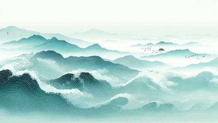 An artistic depiction presents a mountain range enveloped in atmospheric mist. The image uses a palette of soft blues and greens, with varying gradients to define the peaks and valleys. The composition, suggesting depth, employs subtle lighting to enhance the hazy atmosphere. Suitable for various applications, including design projects and illustrative content.の素材