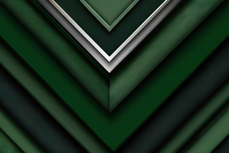 This image features a layered geometric design composed of various shades of green, with a prominent silver accent. The artwork utilizes a repetitive chevron pattern that creates depth and visual interest. The composition is clean and modern, potentially suitable for digital backgrounds or graphic design projects, providing a versatile visual for commercial applications.の素材