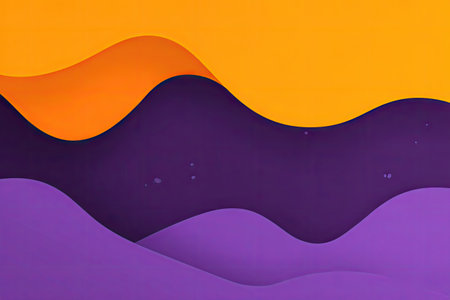This image presents an abstract background composed of layered, undulating shapes. The design features a gradient of colors, primarily orange, purple, and yellow, creating depth. The composition offers a modern style and could be used for various projects, including websites, presentations, and print media.の素材