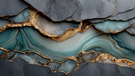An abstract artwork showcases layered elements resembling natural stone formations. A blend of teal, grey, and gold hues creates a sense of depth and luxury. The artwork's composition and texture are suitable for various decorative and commercial purposes, offering visual interest for backgrounds and design elements.の素材