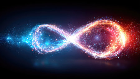 An abstract representation of infinity is depicted with a luminous, swirling form. The artwork features dynamic light trails and sparkling particles against a dark backdrop. The composition is evocative, suggesting concepts of continuous existence or limitless potential. Suitable for use in conceptual projects, design, or commercial applications.の素材