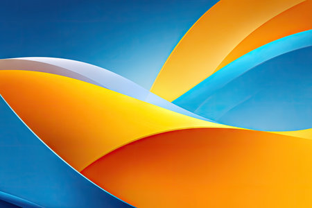An abstract composition features overlapping curved shapes in vibrant orange, yellow, and blue hues. The design exhibits a smooth texture and is illuminated, suggesting a dynamic presentation. This graphic could be utilized for various commercial purposes, including website backgrounds and marketing materials.の素材