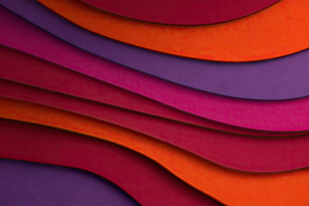 This image features an abstract composition of layered paper sheets in various shades of red, orange, and purple. The arrangement creates curved lines and shadows. The artistic style could be used for design projects. The image could be suitable for digital graphics, presentations, or background textures.の素材