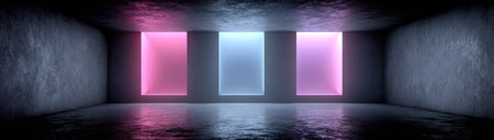 An abstract interior scene displays three glowing rectangular portals. The central portal emits a cool blue light, flanked by pink and magenta hues. The walls and floor exhibit a textured appearance, and light reflects off the wet surface. This visual concept is suitable for diverse commercial and editorial purposes.の素材