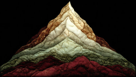 An artistic depiction presents a mountain shape formed by several textured layers. The composition features a range of warm earth tones and subtle variations, with a dark backdrop. Suitable for various editorial and commercial applications, the image is versatile.の素材