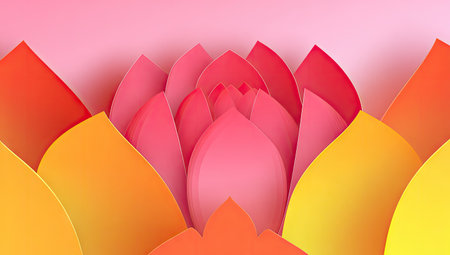 This image presents an abstract floral composition crafted from layered paper. The artwork displays a gradient of colors from orange to red and pink. The style emphasizes a modern aesthetic and could be utilized for various commercial and editorial projects. The lighting is soft, and the background is plain.の素材