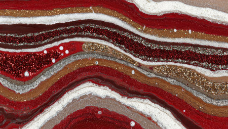 This image presents an abstract composition featuring layered bands of color. The visual elements include shades of red, brown, white, and gold, with textured surfaces suggesting variations in material. The style evokes a sense of depth, with light and shadow interplay. Suitable for decorative purposes and a range of commercial applications.の素材