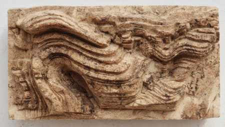 This image features a detailed relief sculpture with layered forms and a prominent wood grain texture. The artwork displays light brown and beige tones, evoking a natural and organic feel. The composition has an overhead perspective, showcasing intricate details. Suitable for commercial or editorial applications such as art or design projects.の素材