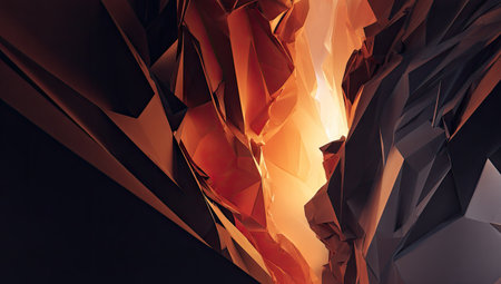 This abstract composition features overlapping angular shapes in shades of orange, brown, and black. Bright illumination emanates from the center, creating a contrast of light and shadow. The design suggests a complex structure with depth and dimension, suitable for various design applications and commercial uses.の素材