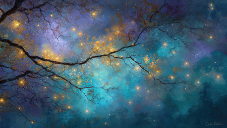 An artistic depiction of a night sky features tree branches silhouetted against a backdrop of swirling blues and purples. Illuminated orbs create a magical ambiance. This image uses light and shadow, with a composition that invites contemplation. Suitable for various creative projects, including editorial or commercial applications.の素材