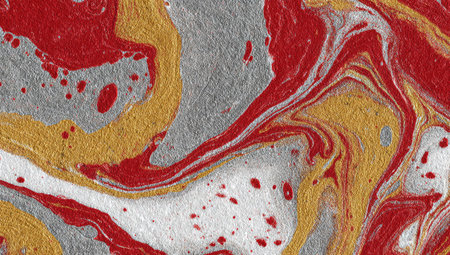 An abstract artwork showcases a flowing design of red, gold, and silver hues. The texture appears marbled with swirling patterns and color blending. It likely provides a dynamic and visually appealing element for various creative projects. Suitable for decorative uses or artistic backgrounds.の素材