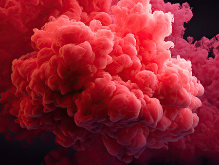 An abstract image depicts a red cloud formation. The artwork presents a textured, dynamic composition with vibrant hues. The lighting suggests an isolated environment. The image is suitable for diverse commercial and design applications, offering a bold visual statement.の素材