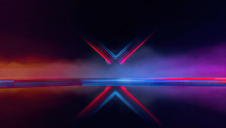 An abstract composition features luminous neon lines forming an X shape against a dark backdrop. The scene incorporates fog and a reflective surface, with a palette of red, blue, and purple hues. This design may suit digital artwork or visual effects and is suitable for various commercial uses.の素材