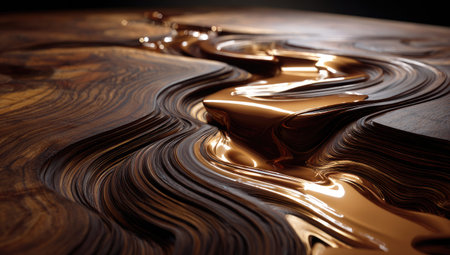 An abstract depiction showcases a stream of glossy, golden liquid winding across a textured, dark wooden surface. The composition uses curved lines and highlights to convey movement. The interplay of light and shadow, combined with the flowing forms, suggests a dynamic and aesthetically pleasing visual. Suitable for various design projects and editorial content.の素材