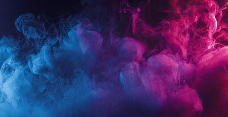 Swirling clouds of smoke are illuminated in vibrant blue and pink tones, creating a dynamic and abstract visual. The image features a dark background and emphasizes texture and form. This versatile image may be suitable for a variety of creative and commercial applications.の素材